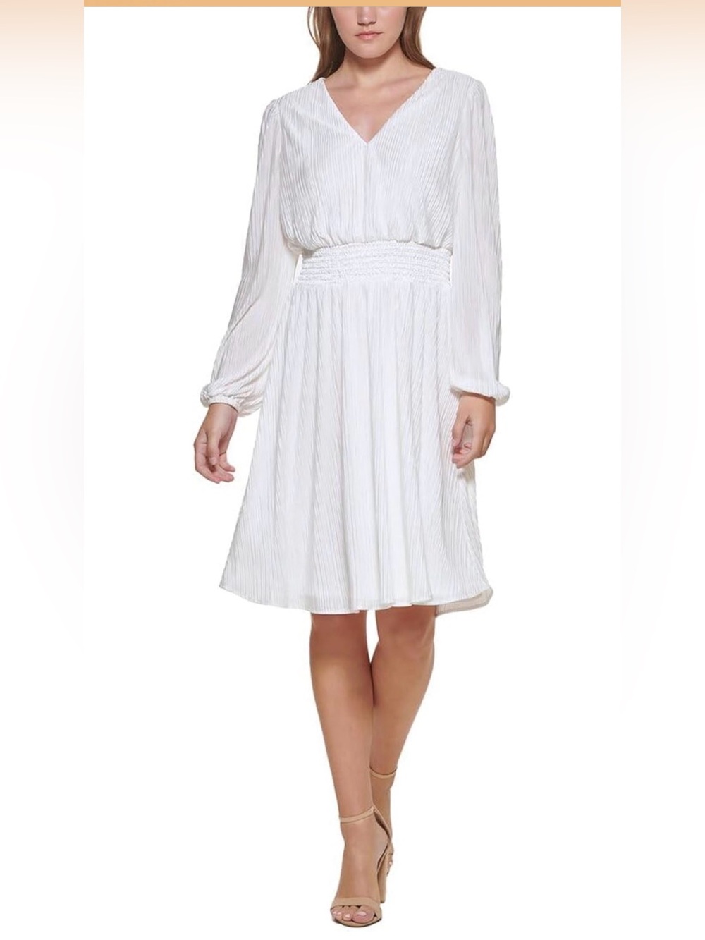 Kensie White Smocked Waist V-Neck Long Sleeve Dress size 16